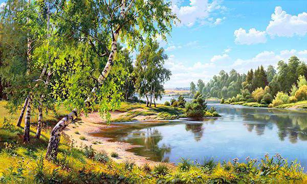 берег - береза, вода, природа, река, деревья, лето - оригинал