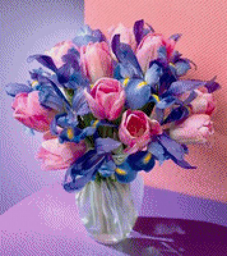 Ириски и тюльпанчики - нежность, ирис, ваза с цветами, тюльпан, букет цветов, цветы - предпросмотр