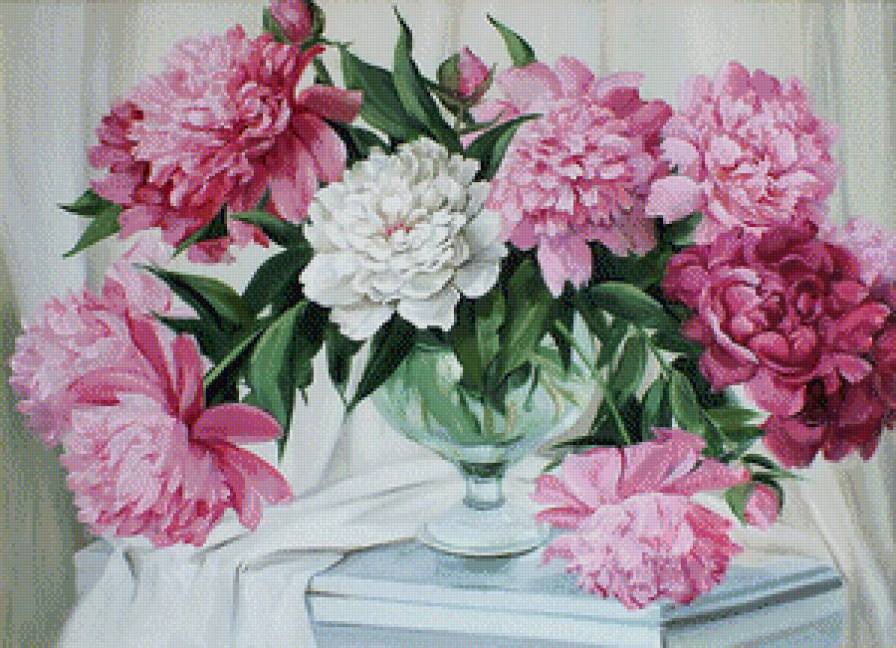 прекрасные цветы - пион, пионы, белые цветы, розовые цветы, букет, ваза - предпросмотр