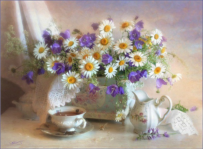 Букет цветов - цветы, ваза с цветами, завтрак, букет цветов, утро, ромашки - оригинал