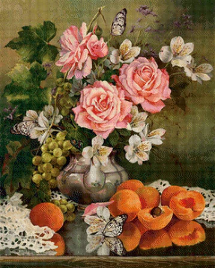 цветочный натюрморт - цветы, фрукты, бабочки, натюрморт - предпросмотр