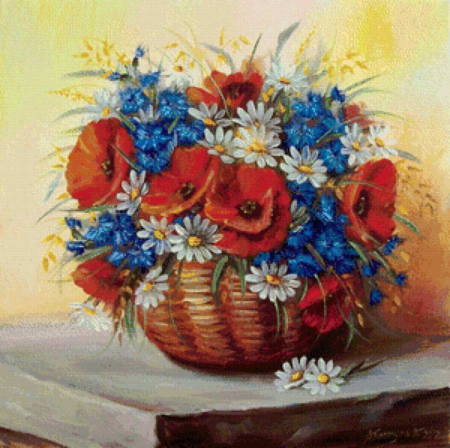 букет полевых цветоы - ромашки, цветы, васильки, маки, букет - предпросмотр