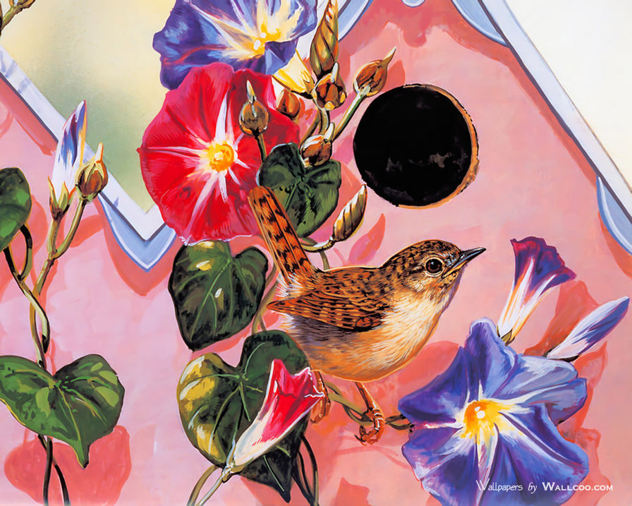 птичка - скворечник, цветы, птица - оригинал
