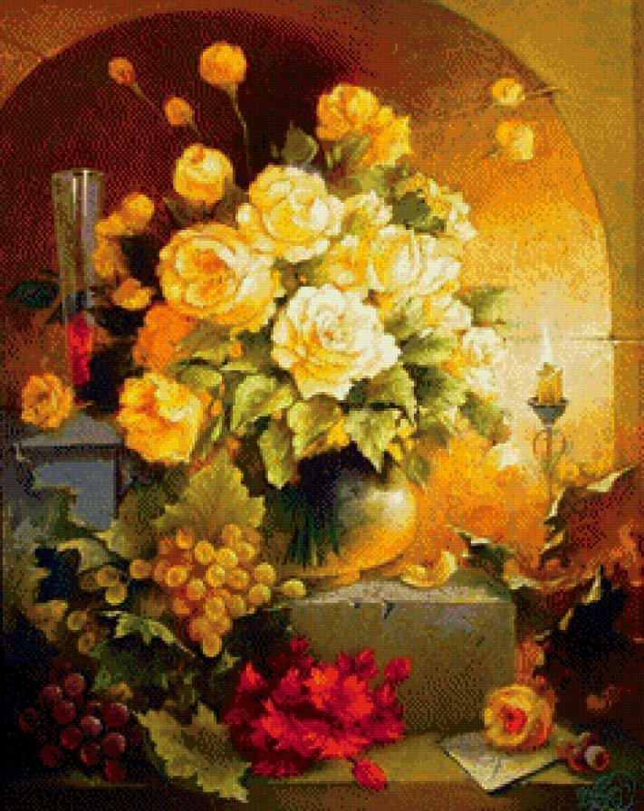 Цветы - бокал, свечи, виноград, ваза, цветы - предпросмотр