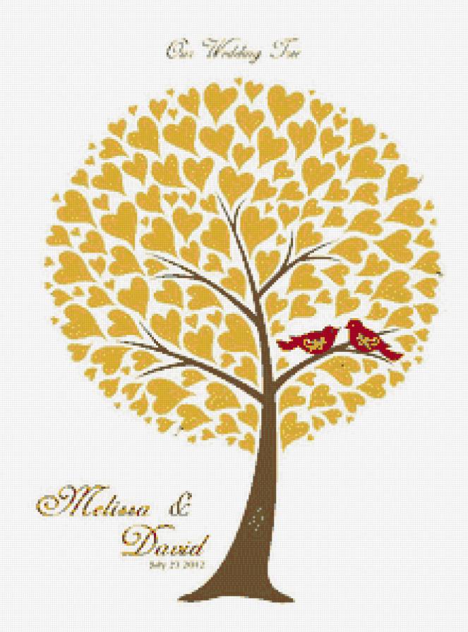 дерево - сердечки, дерево, листья, птицы - предпросмотр