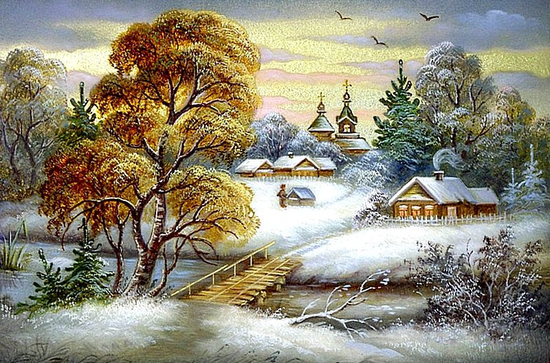 Зимнее село - снег, зима, пейзаж, река, село, домики, мостик - оригинал