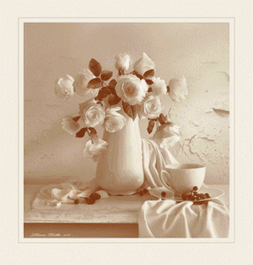 Натюрморт - цветы, натюрморт, белый, розы - предпросмотр