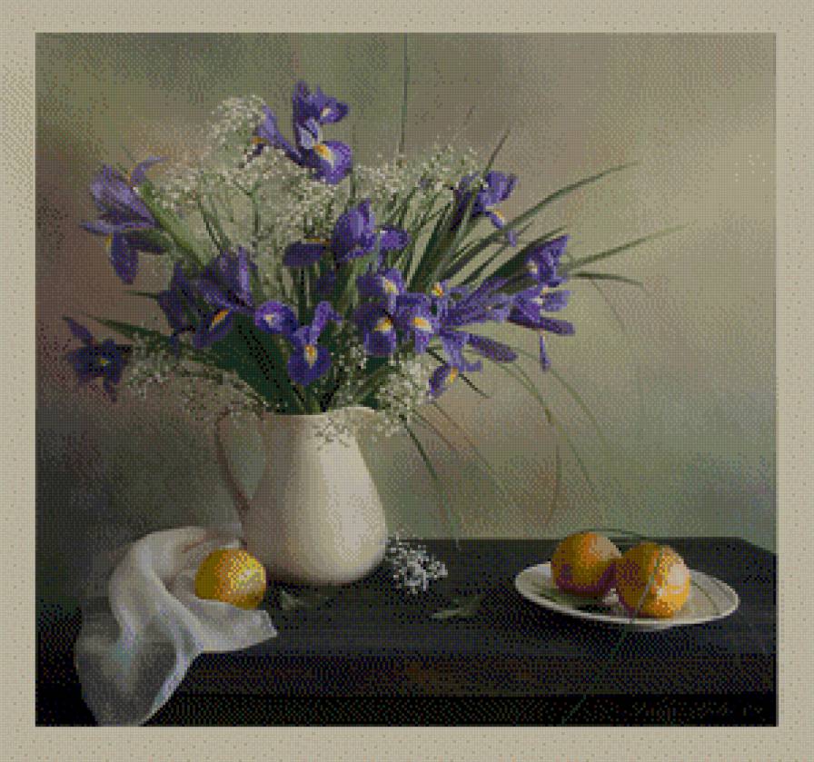 Натюрморт - ваза, ирисы, натюрморт, кувшин, лимон, цветы - предпросмотр