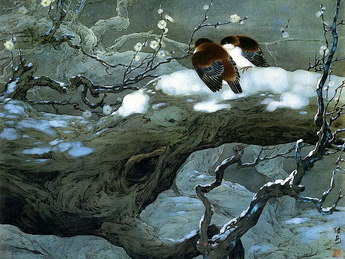 Воробушки - птицы, зима, дерево, снег - оригинал