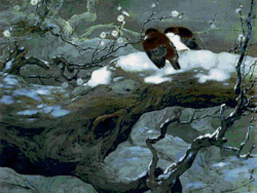 Воробушки - дерево, птицы, зима, снег - предпросмотр