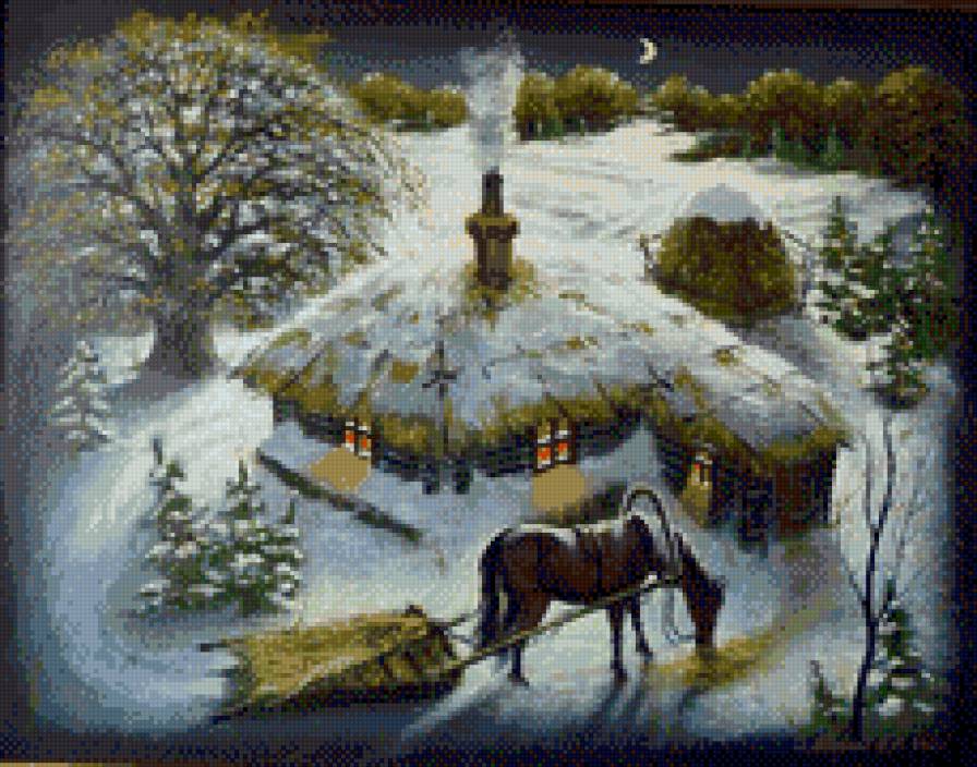 В.Марков. Поздний гость - лошадь, пейзаж, домик, ночь, зима, живопись - предпросмотр