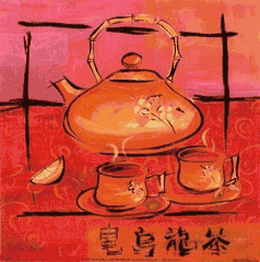 картинка на кухню - чашки, лимон, японский, иероглифы, чайник - предпросмотр