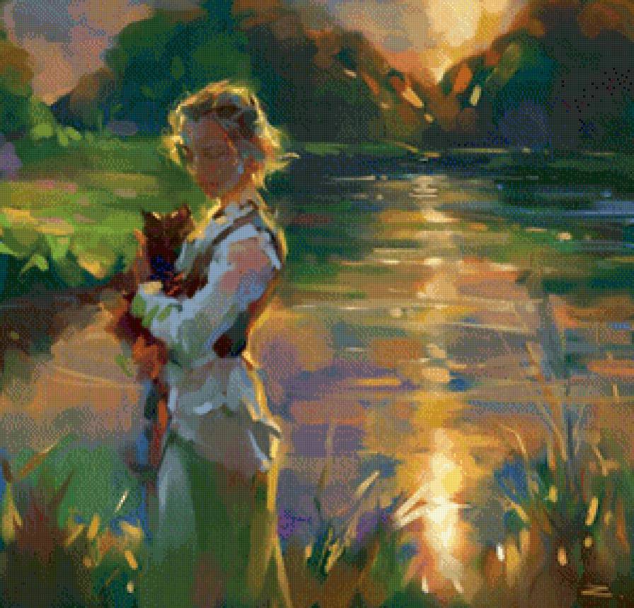 девушка с котом - девушка, кот, масло, природа, живопись - предпросмотр