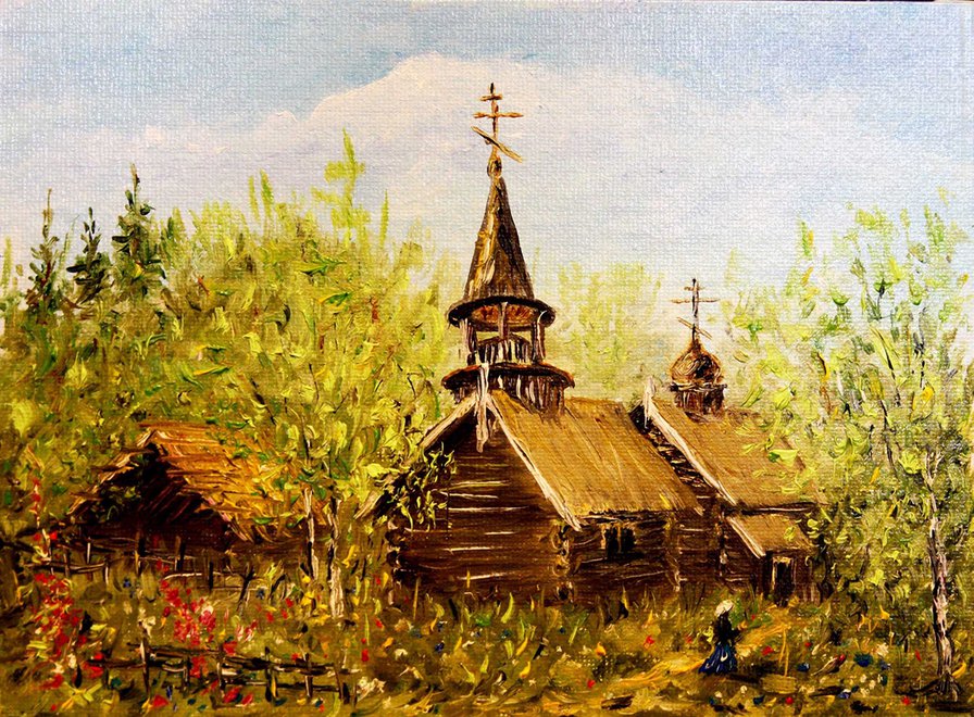 церковь в деревне - церковь, деревня, живопись - оригинал