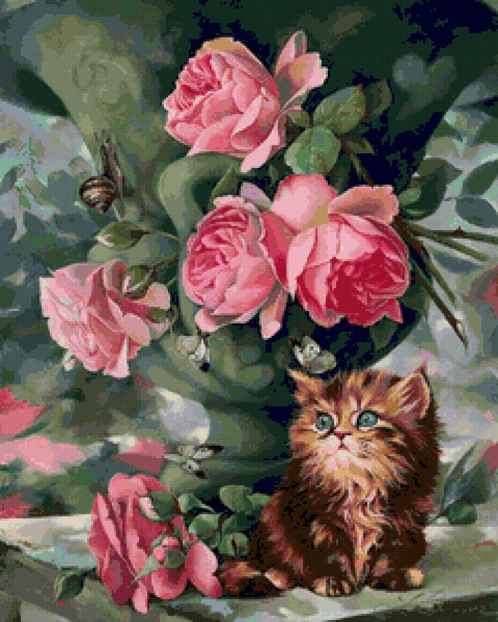 маленький цветочек - букет, ваза, котики, розы - предпросмотр