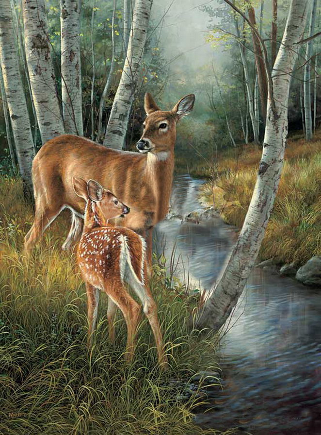 Лесные обитатели - олени, вода, лес - оригинал