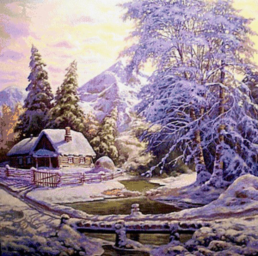 Зимняя избушка - пейзаж, избушка, горы, зима - предпросмотр