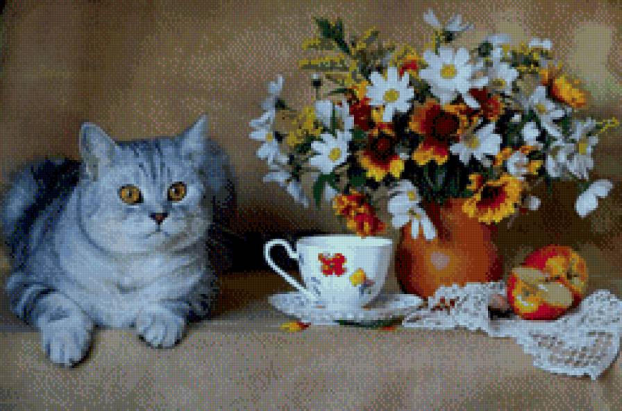 Котик с цветами - предпросмотр