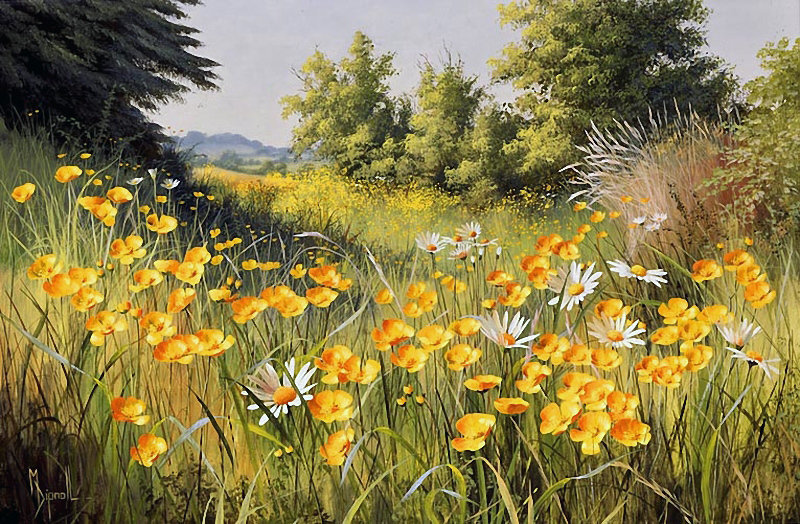Полевые цветы - пейзаж, цветы, картина - оригинал