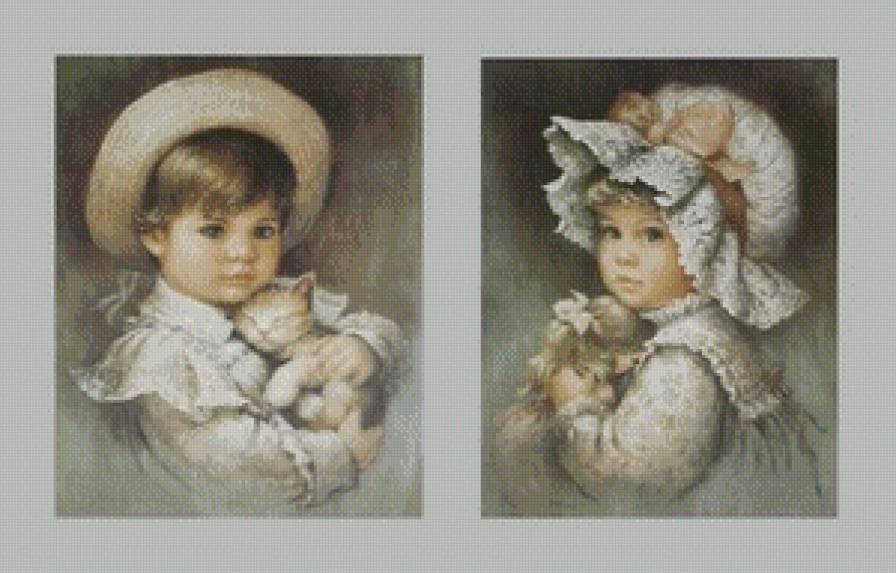 милые малыши - ребенок, ретро, малыш, диптих, девочка, мальчик, винтаж, детская - предпросмотр