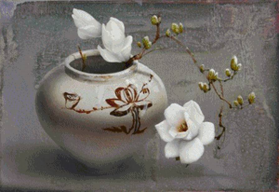 магнолии - букет, натюрморт, натюрморт с цветами, цветы, горшок, магнолия - предпросмотр