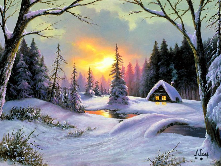 домик в лесу - зима, снег, небо, избушка, пейзаж, рассвет - оригинал