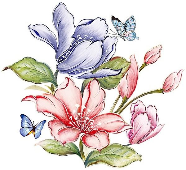 бабочки и цветы - лилии, лилия, розовые цветы, бабочки, букет, синие цветы, бабочка - оригинал