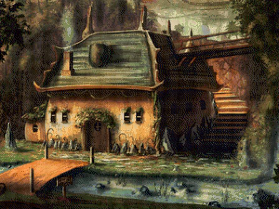 Домик - лестница, река, мост, дом, пейзаж - предпросмотр