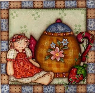 картинка на кухню - рамка, клубника, кукла, чайник - оригинал