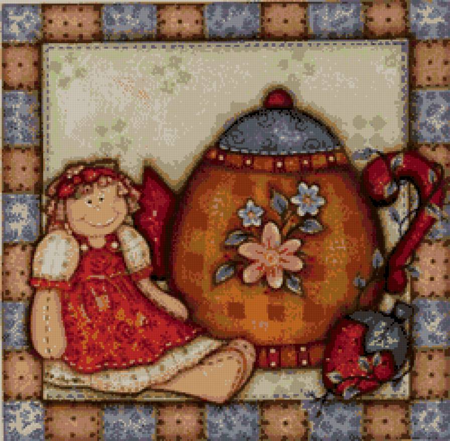 картинка на кухню - чайник, кукла, клубника, рамка - предпросмотр