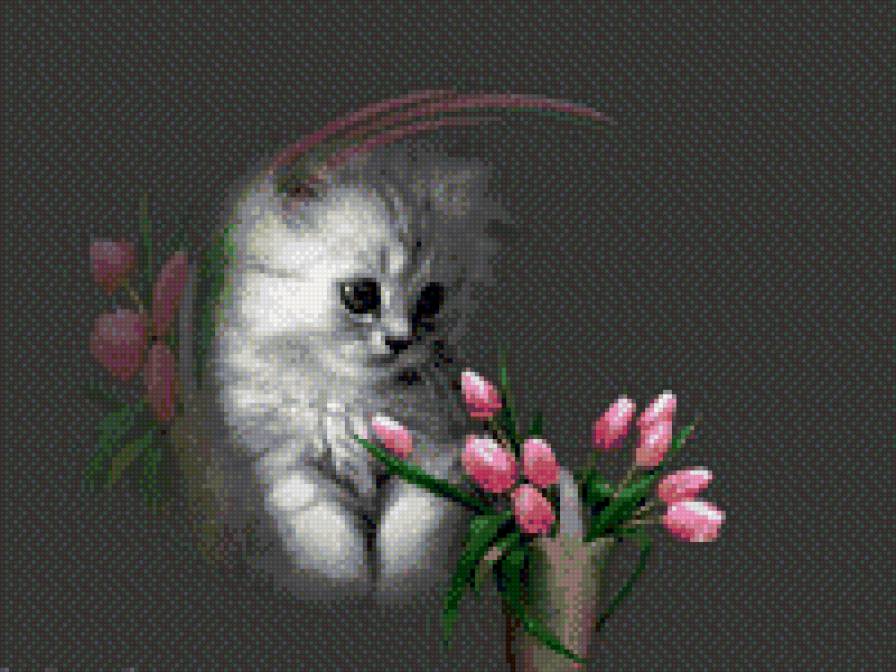 котенок с тюльпаном - цветы, удовольствие, милашка, коты, радость, малыши - предпросмотр