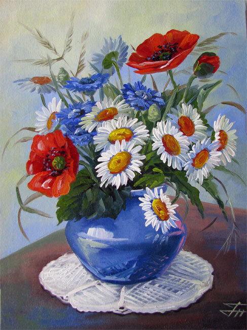 Цветы в голубой вазе - оригинал