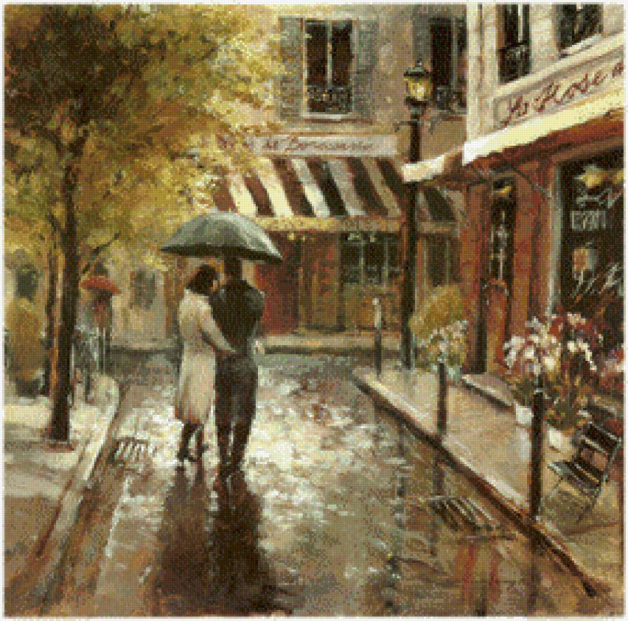 прогулка под дождем - картина, зонт, двое, любовь - предпросмотр