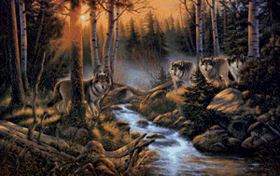 волки - волк, речка, лес - предпросмотр