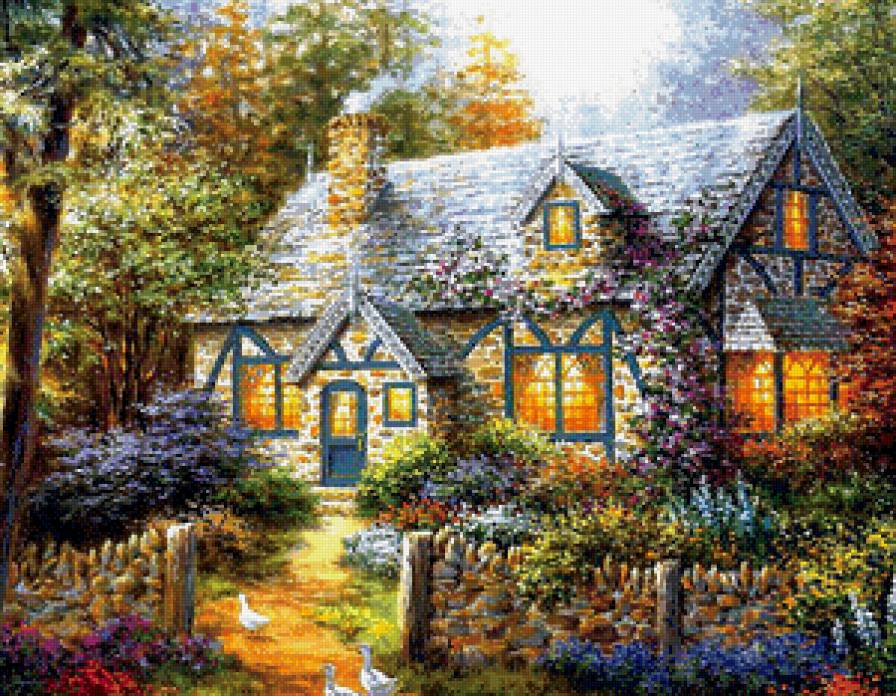 Чудесный домик - домик, пейзаж, цветы - предпросмотр