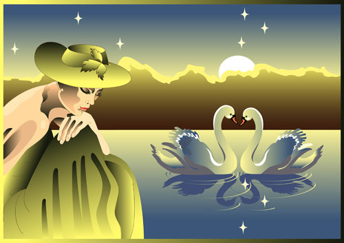 Девушка и лебеди - птицы, закат, река, красавица, девушка - оригинал