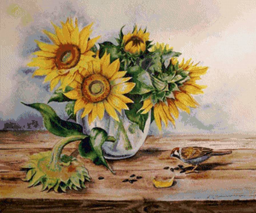 подсолнухи - подсолнухи, натюрморт, букет, природа, птица, ваза, цветы - предпросмотр