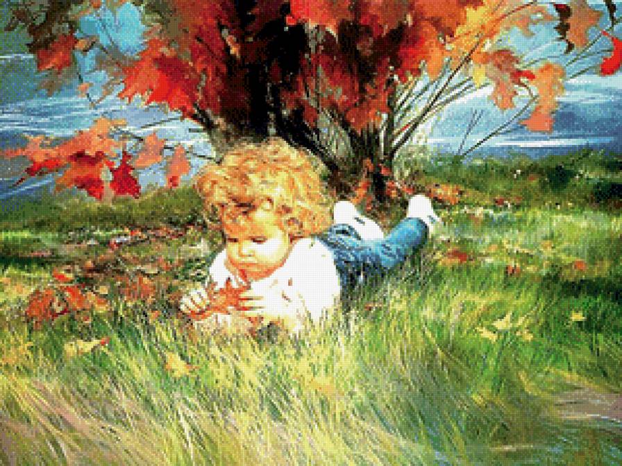 картины художников - осень, картина, пейзаж, природа, дети - предпросмотр