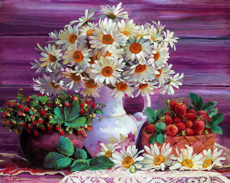 натюрморт с ромашками и ягодами - цветы, картина - оригинал