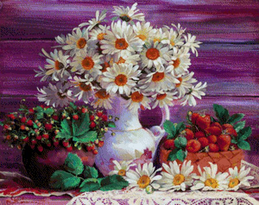 натюрморт с ромашками и ягодами - цветы, картина - предпросмотр