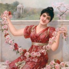 Схема вышивки «девушка в красном платье с розами»