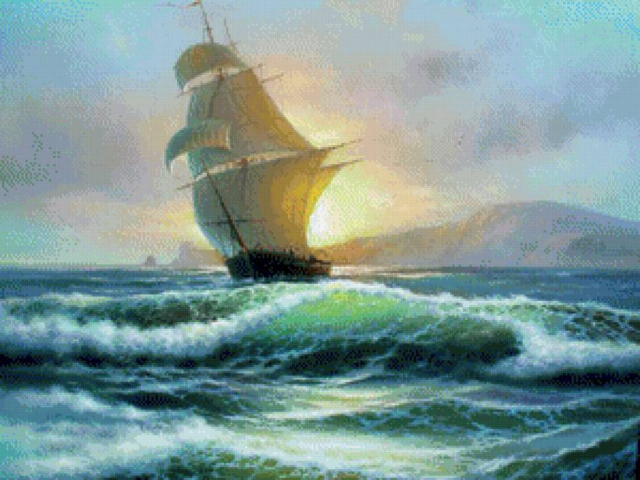уходим в море на рассвете - корабль, пейзаж, море - предпросмотр