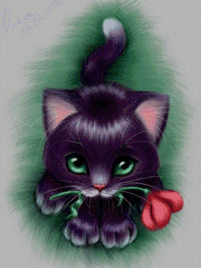 Котенок с цветком - цветы, животные, коты - предпросмотр