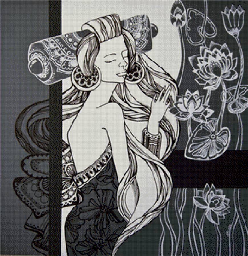 Девушка в цветах - фэнтези, монохром, красавица, восток, девушка, азия, лотосы - предпросмотр