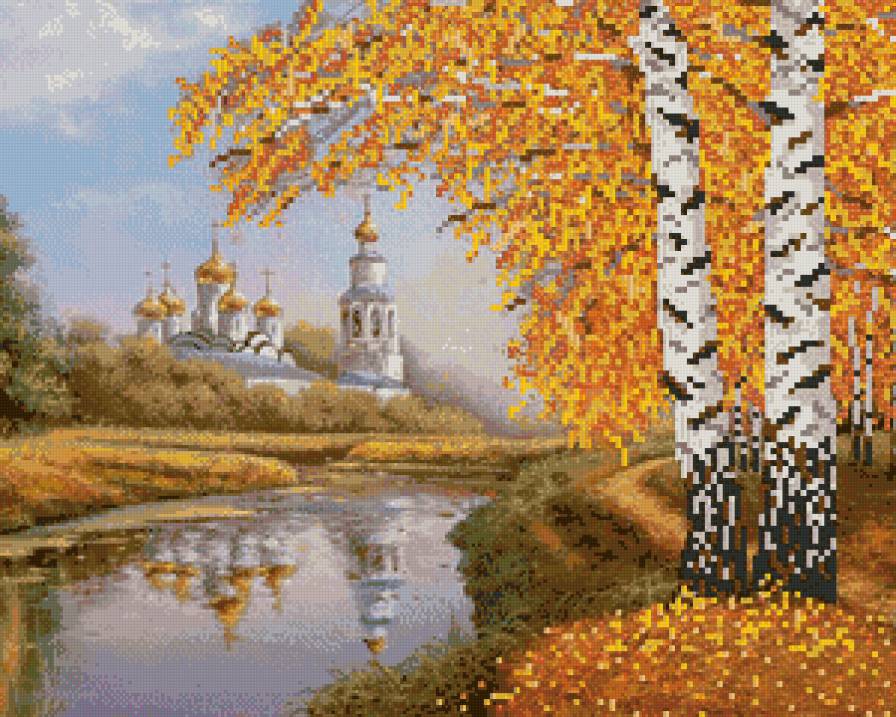 Осенние купола - озеро, березы, пейзаж, монастыри, храмы, церкви - предпросмотр