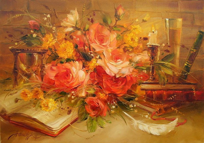 натюрморт с цветами - книга, свеча, натюрморт, розы, цветы - оригинал