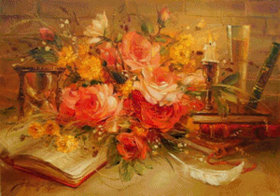 натюрморт с цветами - книга, розы, цветы, натюрморт, свеча - предпросмотр