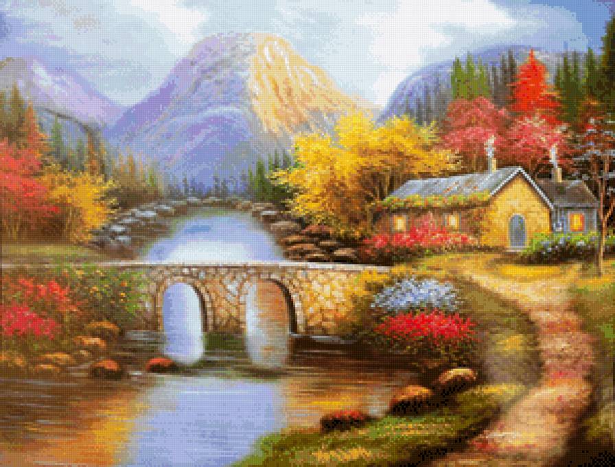 Домик в Горах - горы, речка, пейзаж, домик - предпросмотр