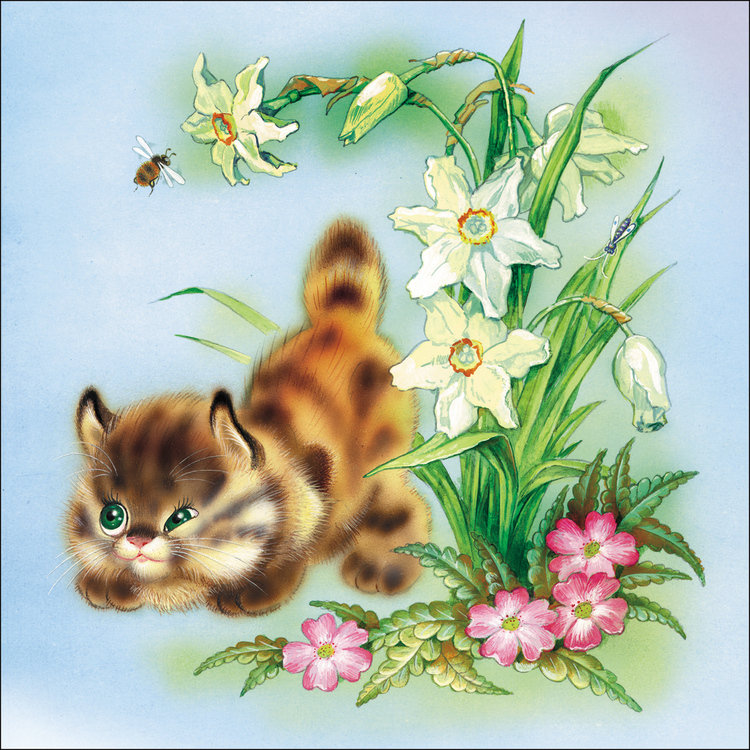 Хитрюга - коты, пчела, детская, животные, цветы - оригинал