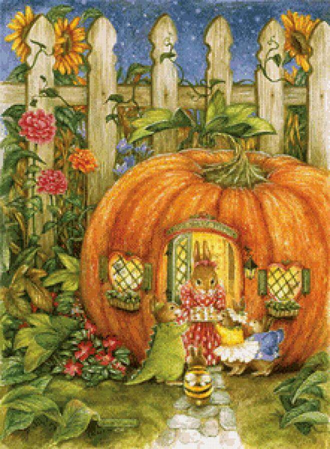 Домик тыкавка - открытка, кролики, сказка - предпросмотр